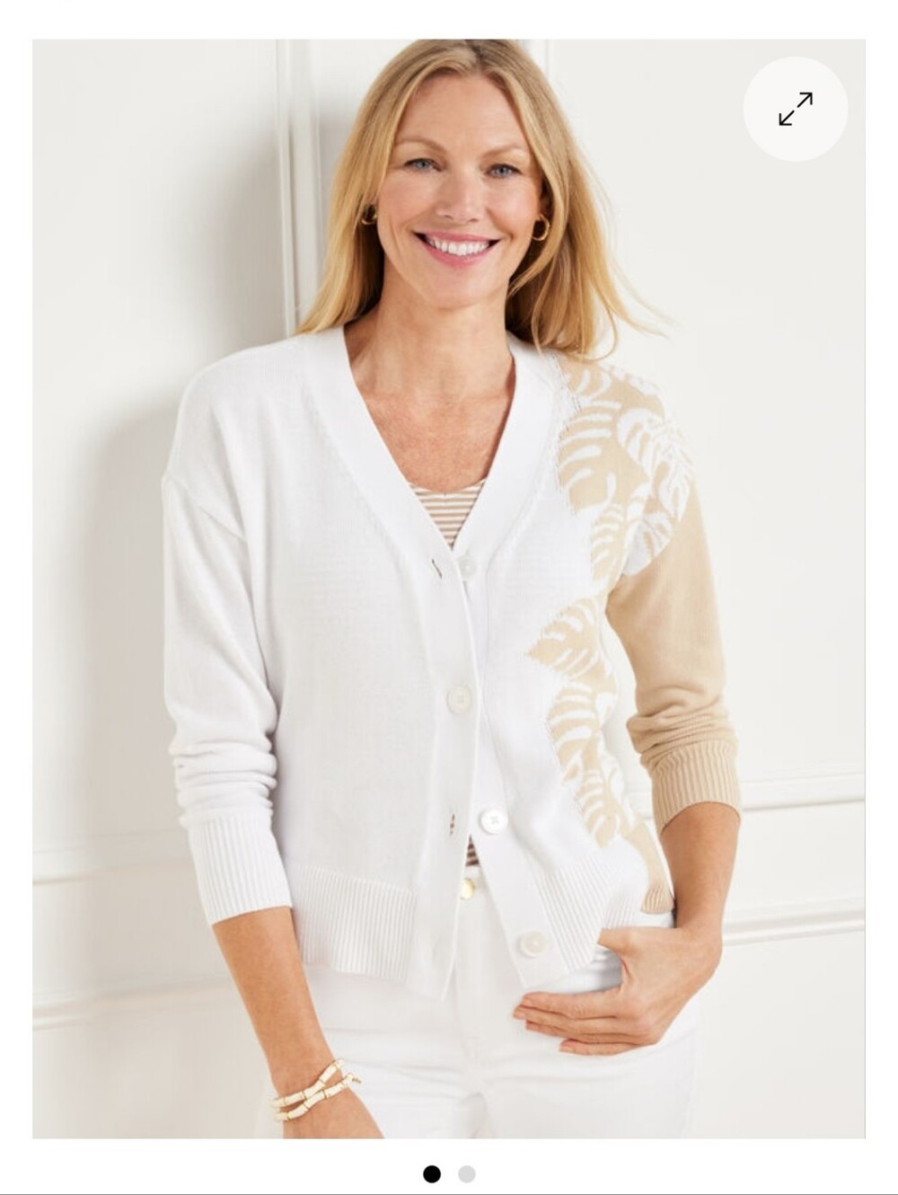 Talbots palm leaf knit cotton v neck cardigan sweater Size L